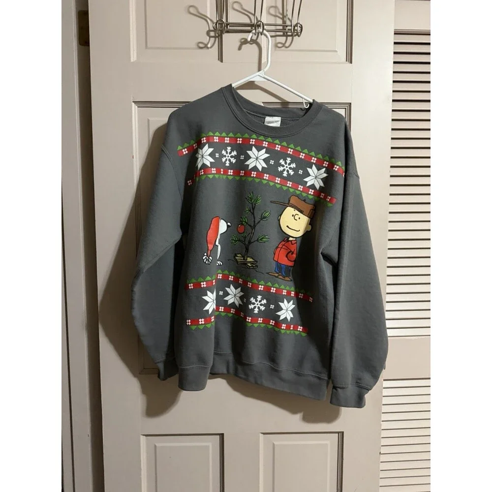 Peanuts Mens Christmas Sweatshirt Crewneck Size Large Charlie Brown Snoopy Tree